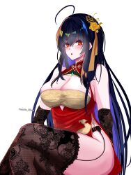 1girl absurdres ahoge ananda_hikari animal_print artist_name azur_lane bare_shoulders bird_print black_garter_belt black_gloves black_hair black_thighhighs breasts bridal_gauntlets china_dress chinese_clothes cleavage cleavage_cutout clothing_cutout commentary crossed_legs dress fishnet_thighhighs fishnets framed_breasts garter_belt gloves hair_between_eyes hair_ornament highres lace lace_thighhighs large_breasts long_hair looking_at_viewer official_alternate_costume red_dress red_eyes solo taihou_(azur_lane) taihou_(phoenix&#039;s_spring_song)_(azur_lane) thighhighs very_long_hair white_background