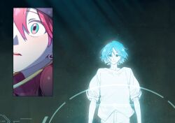 1boy 1girl amate_yuzuriha aqua_eyes blue_eyes blue_hair cchoo00oo gundam gundam_gquuuuuux highres open_mouth red_hair shirt short_hair shuji_ito smile space spirit star_(sky) white_shirt