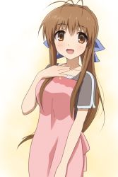 Rule 34 | 00s, 1girl, antenna hair, apron, brown eyes, brown hair, casual, clannad, female focus, furukawa sanae, hair ribbon, hand on own chest, long hair, open mouth, ponytail, ribbon, shizupu, solo
