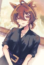 1girl agnes_tachyon_(umamusume) agoumauma2 ahoge animal_ears artist_name belt black_belt black_dress brown_hair dress earrings hair_between_eyes hair_ornament hairclip horse_ears horse_girl huge_ahoge jewelry necklace parted_lips ponytail red_eyes short_hair short_ponytail short_sleeves single_earring smile solo twitter_username umamusume
