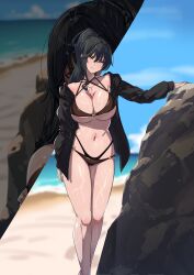 Rule 34 | 1girl, absurdres, andou you, beach, bikini, black bikini, black hair, black jacket, blue sky, breasts, cleavage, cloud, collarbone, commentary request, day, halterneck, highres, jacket, knees, legs, long hair, long sleeves, looking at viewer, multiple views, ocean, open clothes, open jacket, original, outdoors, ponytail, rock, sky, standing, swimsuit, thighs
