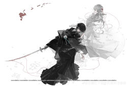 2girls absurdres black_dress blood bloody_weapon dress eteru highres multiple_girls original sitting sleeveless sleeveless_dress sword weapon white_dress yuri