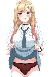 1girl black_choker blonde_hair bow bow_panties breasts choker clothes_lift commentary cowboy_shot ear_piercing earrings grey_necktie grey_skirt highres jewelry kitagawa_marin large_breasts lifting_own_clothes long_hair looking_at_viewer necktie panties piercing red_eyes red_panties school_uniform senor_h shirt simple_background skirt skirt_lift solo sono_bisque_doll_wa_koi_wo_suru thighs underwear variant_set white_background white_shirt