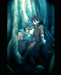 00s 2boys closed_eyes gen_4_pokemon grin happy hug lucario male_focus multiple_boys nature nintendo outdoors plant pokemon pokemon:_lucario_and_the_mystery_of_mew pokemon_(anime) pokemon_(creature) pokemon_rse_(anime) sir_arlon sitting smile tore