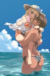 2girls bikini carrying carrying_person height_difference highres kei_(m_k) m_k multiple_girls ocean off_shoulder original rika_(m_k) swimsuit taking_picture tall_female tomboy yuri