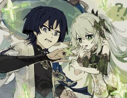 !? 1boy 1girl 2024 aqua_pupils armlet armor black_bodysuit black_bridal_gauntlets black_hair black_mouth blue_hat blue_kimono blue_sleeves blunt_ends bodysuit bracelet bridal_gauntlets bright_pupils cross-shaped_pupils detached_sleeves disgust dress eyeliner eyeshadow fingernails genshin_impact gold gold_ring gold_trim green_eyes green_hair green_sleeves hair_between_eyes hand_up hands_up hat highres japanese_armor japanese_clothes jewelry jingasa juban kimono kote kurokote layered_sleeves long_hair looking_at_viewer lower_teeth_only makeup mandarin_collar middle_ring mind_reading multicolored_hair nahida_(genshin_impact) open_clothes open_hand open_kimono open_mouth purple_eyes qqr_nn red_eyeliner red_eyeshadow scaramouche_(genshin_impact) short_sleeves side_ponytail sidelocks signature simple_background spoken_interrobang streaked_hair symbol-shaped_pupils teeth wanderer_(genshin_impact) white_dress white_hair white_kimono white_mouth white_pupils white_sleeves wispy_bangs