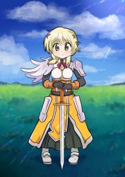 Rule 34 | 1girl, absurdres, blonde hair, brown eyes, commission, commissioner upload, cosplay, dard drak, darkness (konosuba), darkness (konosuba) (cosplay), female focus, hidamari sketch, highres, kono subarashii sekai ni shukufuku wo!, long hair, miyako (hidamari sketch), smile, solo, sword, weapon