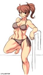 1girl bikini breasts breasts_apart brown_hair feet_out_of_frame female_focus looking_at_viewer navel original ponytail railing side-tie_bikini_bottom smile solo swimsuit toned toned_female underboob utilizator