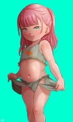 1girl bikini born-to-die flat_chest green_background green_bikini green_eyes highres loli looking_at_viewer medium_hair navel open_mouth original pink_hair simple_background smile solo standing swimsuit