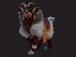black_background cat chinese_zodiac commentary_request creature full_body highres horn_bell horn_ornament horns muted_color no_humans original prussiancatdog sheep simple_background standing year_of_the_goat yellow_eyes
