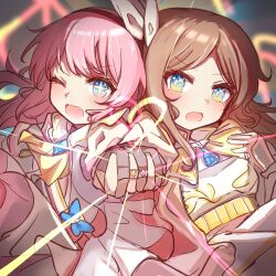 2girls ansy09080527 bang_dream! bang_dream!_it&#039;s_mygo!!!!! blush brown_hair chihaya_anon fang highres long_hair long_sleeves magical_girl multiple_girls nagasaki_soyo open_mouth pink_hair yuri