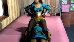 1boy 1girl ass bed bedroom belt between_legs blonde_hair breasts face_in_ass girl_on_top gloves hand_on_own_hip leggings link long_hair lying naslux nintendo princess_zelda sitting sitting_on_face sitting_on_person smother the_legend_of_zelda the_legend_of_zelda:_breath_of_the_wild