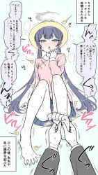 1girl barefoot black_hair blue_archive blue_eyes blush breasts commentary_request foot_massage hallway hetero highres kindergarten_uniform kisaki_(blue_archive) kisaki_(kindergarten_uniform)_(blue_archive) kyouka_asuka long_hair pleated_skirt pov sensei_(blue_archive) sitting skirt sweat tears translation_request twintails very_long_hair