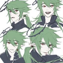 1boy :d aotu_world black_shirt chinese_commentary eyes_visible_through_hair green_hair hair_between_eyes halo highres long_hair looking_at_viewer low_ponytail male_focus multiple_views open_mouth parted_lips pointy_ears ponytail portrait red_eyes shirt simple_background sketch smile sweat sweatdrop teeth white_background xander_(aotu_world) xw_ji_ben_yuan_li_gailun