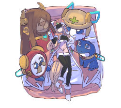 1girl black_bodysuit blonde_hair blue_eyes bodysuit coat cyber_elf_(mega_man) full_body hat high-waist_shorts highres long_hair mega_man_(series) mega_man_zx pink_coat pink_hat pink_shorts prairie_(mega_man) raica_(khongbautroi) shako_cap shorts solo_focus x_(mega_man)