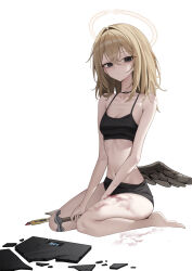 1girl absurdres bags_under_eyes black_camisole black_eyes blonde_hair blood breasts broken_halo camisole cut-here_line fallen_angel hair_between_eyes halo hammer highres kneeling long_hair looking_at_viewer low_wings mansu_(user_pnmp4287) medium_breasts navel neck_tattoo original single_wing solo tattoo traditional_halo weighing_scale white_background wings