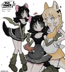 2girls animal_ears black_dress black_hair boned_meat commentary dingo dog_ears dog_girl dog_tail dress elbow_gloves english_text food gloves grey_eyes hand_on_own_hip highres leg_warmers long_hair meat multiple_girls multiple_views muted_color original pigeon-toed symbol-only_commentary tail taonoinu tasmanian_devil_ears tasmanian_devil_girl tasmanian_devil_tail white_background wings yellow_dress