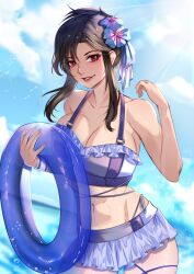 1girl beneceadraws bikini bikini_skirt black_hair blue_flower blue_ribbon blue_sky breasts cleavage cloud collarbone day final_fantasy final_fantasy_vii final_fantasy_vii_rebirth final_fantasy_vii_remake flower frilled_bikini frills hair_flower hair_ornament hair_ribbon hand_up highres holding holding_swim_ring innertube large_breasts looking_at_viewer official_alternate_costume purple_bikini purple_innertube red_eyes ribbon sky smile solo swim_ring swimsuit tifa_lockhart tifa_lockhart_(shining_spirit)