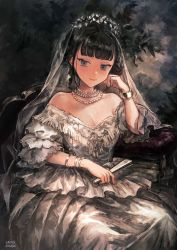 1girl bare_shoulders bracelet braid dress earrings female_focus folding_fan hand_fan head_tilt highres jewelry necklace original pearl_necklace short_hair sitting solo ueno_zousui veil white_dress
