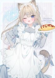 1girl ;d alternate_costume animal_ear_fluff animal_ears apron black_bow blue_border blue_bow blue_hair blush border bow braid brown_hair cat_ears cat_girl cat_tail character_name collared_dress colored_inner_hair commentary_request commission commissioner_name cowboy_shot dress enmaided fang floating_hair food frilled_apron frills garnish grey_bow grey_dress hair_bow hair_intakes hair_ornament hairpin half_up_braid hand_on_own_hip hand_up heart holding holding_plate indie_virtual_youtuber juliet_sleeves ketchup long_dress long_hair long_sleeves looking_at_viewer loving_aura mafuyu_(chibi21) mafuyu_(vtuber) maid maid_apron maid_headdress multicolored_hair multicolored_text multiple_hairpins name_tag omelet omurice one_eye_closed open_mouth outline plate price puffy_sleeves purple_background purple_eyes self-portrait signature skeb_commission sleeve_cuffs smile solo striped_background tail tail_bow tail_ornament translation_request two-tone_hair vertical-striped_background virtual_youtuber white_apron white_outline white_sleeve_cuffs