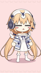 1girl =_= absurdres angel_wings bare_shoulders blonde_hair blush_stickers camisole chibi closed_eyes dress fate/grand_order fate_(series) feathered_wings headphones headpiece highres jeanne_d&#039;arc_(fate) long_hair long_sleeves metatron_jeanne_(fate) metatron_jeanne_(second_ascension)_(fate) neco-arc nightgown open_mouth pink_background simple_background sleepwear solo striped_clothes striped_sweater sweater triangle_mouth twintails very_long_hair white_camisole white_dress white_wings wings xue_mei_(zyzm3884)
