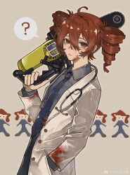 1girl ? absurdres ahoge blood blood_on_clothes blood_on_face blood_stain blue_necktie chainsaw chouti_ttt coat collared_shirt drill_hair eyelashes grey_shirt hair_between_eyes hand_in_pocket hashtag-only_commentary highres holding holding_chainsaw igaku_(utau) kasane_teto long_sleeves looking_at_viewer necktie open_clothes open_coat parted_lips red_eyes red_hair red_trim shirt simple_background solo spoken_question_mark twin_drills twintails upper_body utau