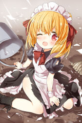 1girl anne_happy apron black_boots blonde_hair blush boots bow bucket clumsy dress hair_between_eyes hair_ribbon hanakoizumi_an highres holding holding_bucket ichiyo12 maid maid_apron maid_day maid_headdress on_floor one_eye_closed open_mouth puffy_short_sleeves puffy_sleeves red_bow red_eyes red_ribbon ribbon short_sleeves torn_clothes torn_dress wet wet_clothes wet_floor white_wrist_cuffs wrist_cuffs