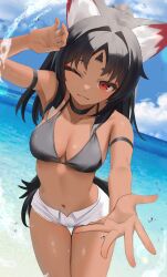 1girl ;) absurdres alternate_breast_size animal_ears beach bikini black_bikini black_hair blue_sky breasts cat_ears cat_girl cat_tail commentary dark-skinned_female dark_skin english_commentary facial_mark highres large_breasts long_hair micro_shorts navel nekomiya_mana ocean one_eye_closed outdoors reaching reaching_towards_viewer red_eyes shorts sky smile solo stomach swimsuit tail thighs thomas_8000 triangle triangle_facial_mark white_shorts zenless_zone_zero