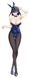 1girl absurdres animal_ears bare_shoulders black_hair blue_eyes blue_hairband blue_leotard bow bow_earrings breasts cleavage commentary crossed_legs drunktatsu earrings english_commentary fake_animal_ears full_body hair_intakes hairband high_heels highres hololive hololive_english jewelry large_breasts leotard ouro_kronii pantyhose playboy_bunny rabbit_ears simple_background solo virtual_youtuber watson_cross white_background wrist_cuffs