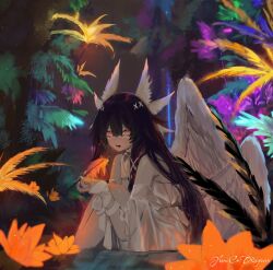 1girl angel_wings artist_name bandaged_arm bandaged_wrist bandages bare_shoulders black_hair black_mouth blunt_bangs bow bowtie columbina_(genshin_impact) detached_sleeves dress eye_mask eyes_visible_through_eyewear feathered_wings fish flower genshin_impact goldfish hair_ornament hair_ribbon head_wings highres holding holding_stick impaled large_bow long_hair looking_at_viewer lower_teeth_only multicolored_hair multiple_wings open_mouth orange_flower plant red_eyes red_hair ribbon sitting solo stick streaked_hair teeth tress_ribbon white_bow white_bowtie white_dress white_mask white_ribbon white_sleeves wings x-shaped_eyewear x_hair_ornament yumicowyvern