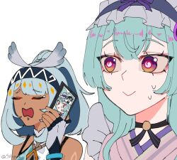 Rule 34 | 1boy, 2girls, ?, blue hair, body markings, cellphone, closed mouth, dark-skinned female, dark skin, fingerless gloves, genshin impact, gloves, green hair, hairband, highres, kinich (genshin impact), long hair, man looks at himself on someone&#039;s phone (meme), meme, mualani (genshin impact), multicolored hair, multiple girls, open mouth, pale skin, phone, pink hair, simple background, smartphone, smile, sohyun 24, sweat, symbol-shaped pupils, tearing up, twitter username, two-tone hair, video call, yumemizuki mizuki