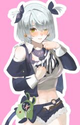 Rule 34 | 1girl, absurdres, anby demara, bangboo (zenless zone zero), bare shoulders, black jacket, black ribbon, black shorts, clothing cutout, cosplay, crop top, cutoffs, green eyes, grey hair, hair ribbon, highres, jacket, kaki ask, long sleeves, looking at viewer, midriff, multicolored eyes, navel, nicole demara, nicole demara (cosplay), open clothes, open jacket, orange eyes, outline, pink background, ribbon, shirt, short hair, short shorts, shorts, shoulder cutout, simple background, solo, stomach, two-tone eyes, two side up, white outline, white shirt, zenless zone zero