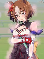 Rule 34 | 1girl, animal ears, back bow, black hakama, black shirt, bow, brown eyes, brown hair, cleavage cutout, clothing cutout, commentary, crying, crying with eyes open, dated, day, elbow gloves, gloves, hakama, half-closed eyes, hand on own arm, highres, horse ears, horse girl, japanese clothes, layered gloves, multicolored hair, outdoors, pinwheel hair ornament, red gloves, shiroshitogi, shirt, short hair, sleeveless, sleeveless shirt, solo, steam, sweat, tears, two-tone hair, umamusume, umamusume: cinderella gray, white gloves, white hair, yaeno muteki (umamusume), yellow bow