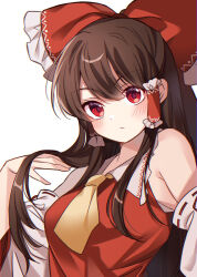 Rule 34 | 1girl, :/, armpit crease, ascot, bare shoulders, blush, bow, breasts, brown hair, closed mouth, commentary request, detached sleeves, frilled bow, frilled hair tubes, frilled shirt collar, frills, hair between eyes, hair bow, hair flowing over, hair tubes, hakurei reimu, hand up, highres, long hair, long sleeves, looking at viewer, medium breasts, meimei (meimei89008309), red bow, red eyes, ribbon-trimmed sleeves, ribbon trim, simple background, solo, three-quarter sleeves, touhou, upper body, very long hair, white background, wide sleeves, yellow ascot