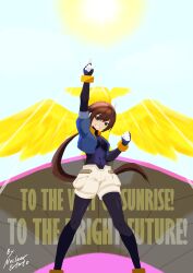 Rule 34 | 1girl, absurdres, aile (mega man zx), arm up, black bodysuit, blue jacket, bodysuit, bodysuit under clothes, breasts, brown hair, clenched hand, cropped jacket, feet out of frame, green eyes, highres, jacket, long hair, medium breasts, mega man (series), mega man zx, mega man zx advent, nuclear potato, open clothes, open jacket, parted lips, pointing, ponytail, robot ears, shorts, smile, solo, sun, white shorts