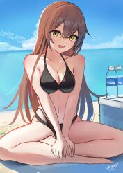 1girl bare_shoulders bikini black_bikini blush bottle breasts brown_hair cleavage cooler hair_between_eyes highres long_hair looking_at_viewer may9 medium_breasts navel ocean open_mouth original smile solo stomach swimsuit water_bottle yellow_eyes
