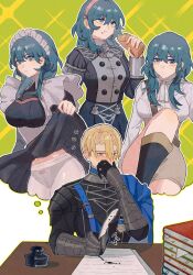 book bread buttons female_byleth_(fire_emblem) clothes_lift dimitri_alexandre_blaiddyd double-breasted eating fire_emblem fire_emblem:_three_houses food frelyaskn highres imagining inkwell maid maid_headdress nintendo pantyhose pervert shoulder_belt skirt skirt_lift white_pantyhose writing