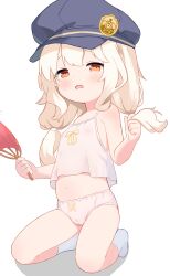1girl absurdres aoba_(blue_archive) blonde_hair blue_archive blue_hat bow bow_camisole bow_panties cameltoe camisole commentary covered_erect_nipples hand_fan hat highres kneeling loli looking_at_viewer low_twintails open_mouth orange_eyes panties pawrorikon peaked_cap simple_background socks solo twintails underwear underwear_only white_background white_camisole white_panties white_socks