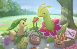 bayleef berry_(pokemon) bread chikorita commentary_request creatures_(company) day eating evolutionary_line flower food game_freak gen_2_pokemon grass highres holding meganium nintendo no_humans outdoors picnic picnic_basket pokemon pokemon_(creature) reka_(reka730) sandwich sky tree