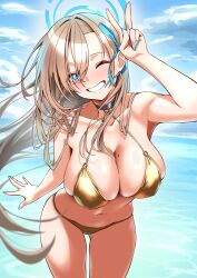 1girl \||/ absurdres armpits asuna_(blue_archive) bikini black_choker blonde_hair blue_archive blue_eyes blue_halo blue_nails blue_ribbon blurry blush breasts choker choker_bikini cleavage cloud cloudy_sky collarbone commentary covered_erect_nipples cowboy_shot depth_of_field gold_bikini grin hair_over_one_eye hair_ribbon halo highres large_breasts long_hair looking_at_viewer mole mole_on_breast navel o-ring o-ring_bikini ocean one_eye_closed outdoors ribbon sayu_mypace skindentation sky smile solo standing string_bikini swimsuit teeth thigh_gap thighs v water