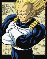 Rule 34 | 1boy, armor, black border, blonde hair, blue bodysuit, bodysuit, border, dragon ball, dragonball z, green eyes, highres, lee (dragon garou), looking at viewer, muscular, muscular male, saiyan armor, smirk, solo, spiked hair, super saiyan, super saiyan 1, upper body, vegeta, white armor