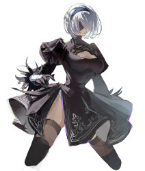 1girl 2b_(nier:automata) artist_name black_blindfold black_dress black_gloves black_hairband black_thighhighs blindfold bob_cut boots breasts cleavage cleavage_cutout closed_mouth clothing_cutout covered_eyes dress feather-trimmed_sleeves feather_trim gloves hairband highres juliet_sleeves leotard long_sleeves medium_breasts mole mole_under_mouth nier:automata nier_(series) puffy_sleeves short_hair side_slit simple_background solo thigh_boots thighhighs thighhighs_under_boots ubwmitekure white_background white_hair