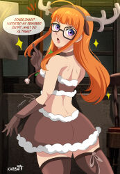 absurdres antlers choker christmas english_text glasses gloves highres karbuitt looking_at_viewer looking_back megami_tensei persona persona_5 reindeer_antlers sakura_futaba speech_bubble thighhighs