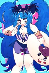 1girl amemiya_darumi bandages bikini black_bow black_hair blue_background blue_hair bow heart inflatable_toy looking_at_viewer multicolored_hair red_nails sirei_(hundred_line) solo swimsuit the_hundred_line_-last_defense_academy- tongue tongue_out twintails