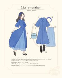 1girl bag blue_dress closed_eyes contemporary dress english_text hair_between_eyes highres long_hair looking_at_viewer makeup meecosme merryweather_(disney) simple_background sleeping_beauty_(disney) smile solo translation_request white_background