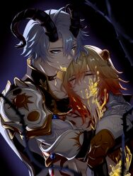 Rule 34 | 2boys, animal ears, antenna hair, armor, black choker, black coat, black horns, black shirt, blonde hair, blood, blood splatter, blue eyes, braid, chest tattoo, chinese commentary, choker, closed eyes, coat, commentary request, facial tattoo, gradient hair, hair between eyes, highres, honkai: star rail, honkai (series), horns, hug, lion boy, lion ears, looking at another, male focus, medium hair, multicolored hair, multiple boys, mydei (honkai: star rail), open clothes, open coat, pauldrons, phainon (honkai: star rail), red hair, red tattoo, sheep boy, sheep horns, shirt, short hair, shoulder armor, side braid, single pauldron, tattoo, thorns, white coat, white hair, yellow blood, yuexili05034