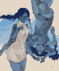 116116116el 1girl blue_eyes blue_hair cowboy_shot doll_joints dress elden_ring extra_arms glasses hand_on_own_chest hands_up highres joints knee_up meme_attire multicolored_hair multiple_views nude one_eye_closed open_mouth ranni_the_witch rope simple_background two-tone_hair upside-down virgin_killer_sweater wavy_hair white_dress