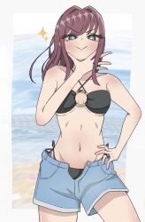 1girl beach bikini black_bikini blush breasts commentary commentary_request cross-shaped_pupils denim denim_shorts halterneck highleg highleg_bikini highres kimi_no_koto_ga_dai_dai_dai_dai_daisuki_na_100-nin_no_kanojo looking_at_viewer medium_breasts navel o-ring o-ring_bikini o-ring_top pizzayanopunch saiki_himeka shorts side-tie_bikini_bottom smile solo swimsuit symbol-shaped_pupils unbuttoned underboob
