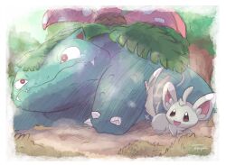 animal_focus border bright_pupils brown_eyes claws closed_mouth fangs gen_1_pokemon gen_5_pokemon highres looking_ahead minccino nintendo no_humans nostrils open_mouth outdoors pokemon pokemon_(creature) red_eyes signature tail tail_wagging tears tickling venusaur venusaur-propaganda white_border white_pupils