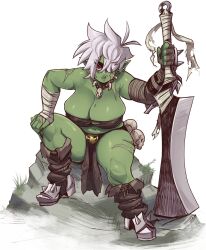 1girl absurdres aunt_hellen_(insouwu) bags_under_eyes breasts cleavage earrings fangs female_orc hair_over_one_eye highres holding holding_sword holding_weapon insouwu jewelry large_breasts looking_at_viewer mole mole_on_breast navel necklace no_bra orc original piercing pointy_ears red_eyes scar scars_all_over short_hair simple_background sitting sword too_many weapon white_background